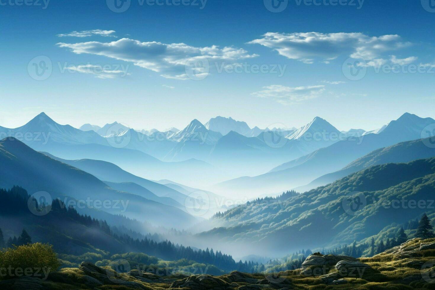 AI generated Clear blue sky frames a serene morning view of mountains photo
