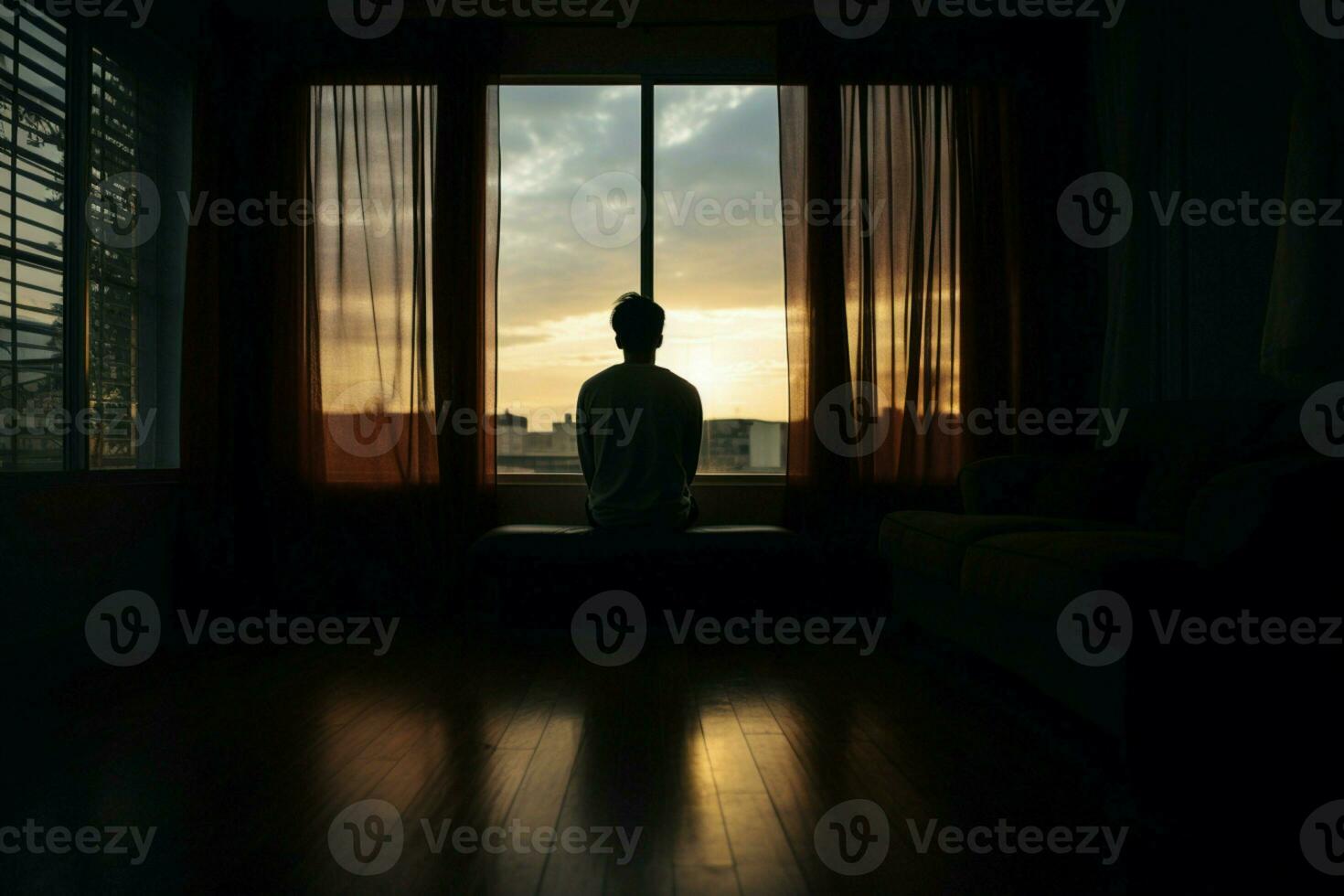 AI generated Alone at the window silhouette man stares at closed bedroom curtains photo