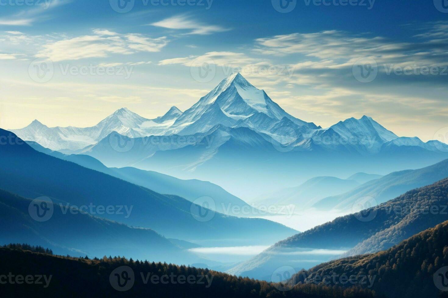 AI generated Mountains in the morning light under a backdrop of clear blue photo