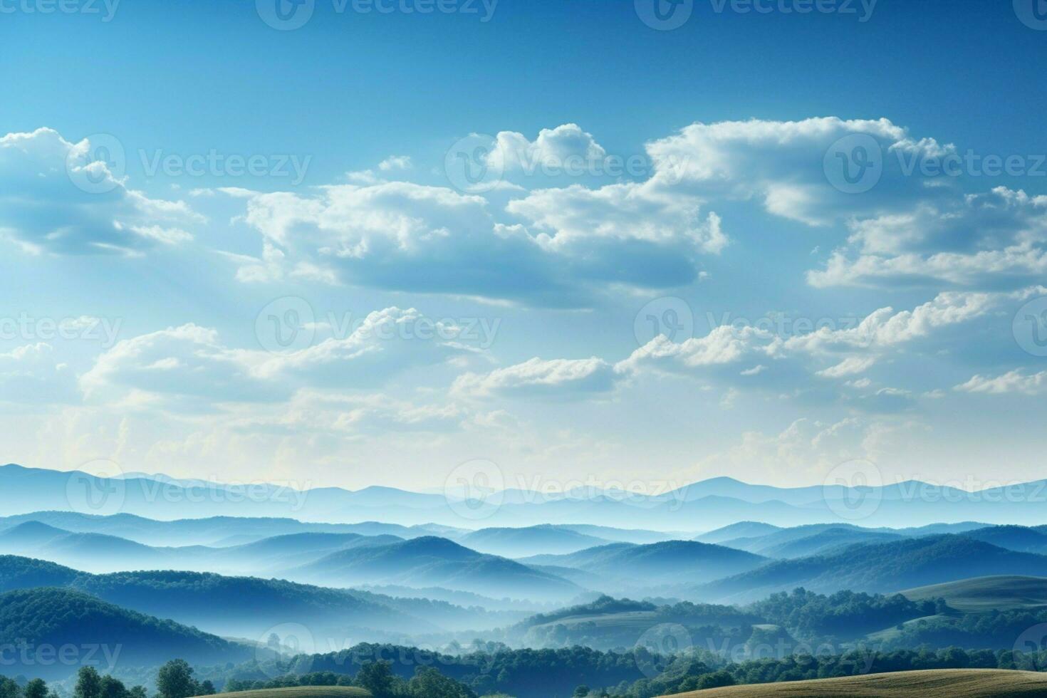 AI generated Clear blue sky frames a serene morning view of mountains photo