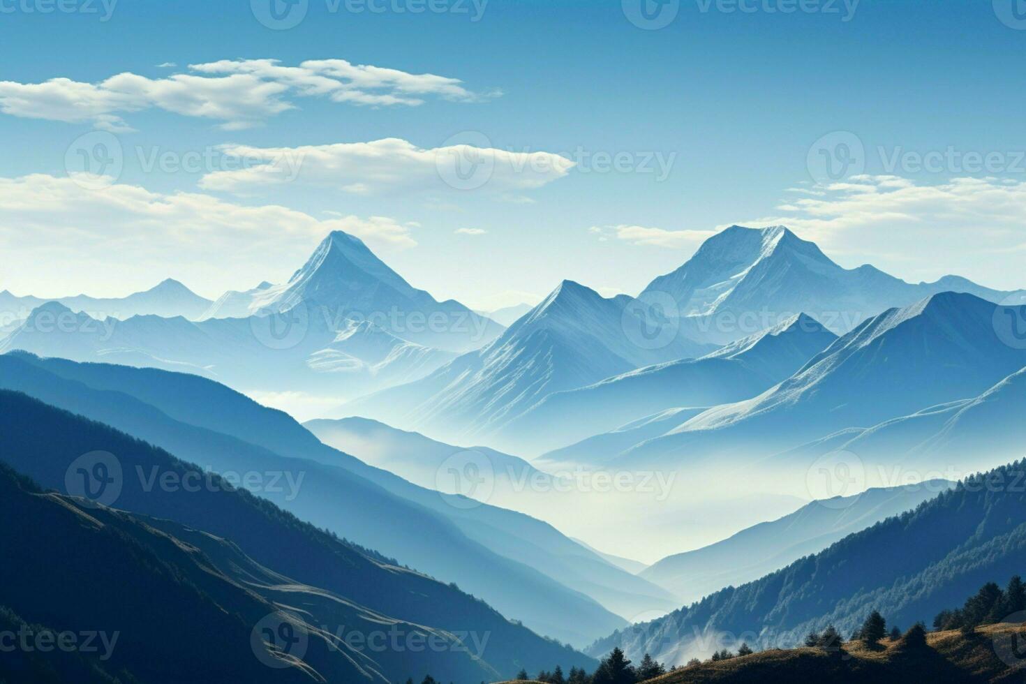 AI generated Mountains in the morning light under a backdrop of clear blue photo