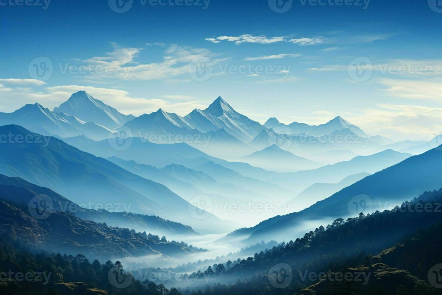 AI generated Natures calm morning mountains against a canvas of clear blue photo