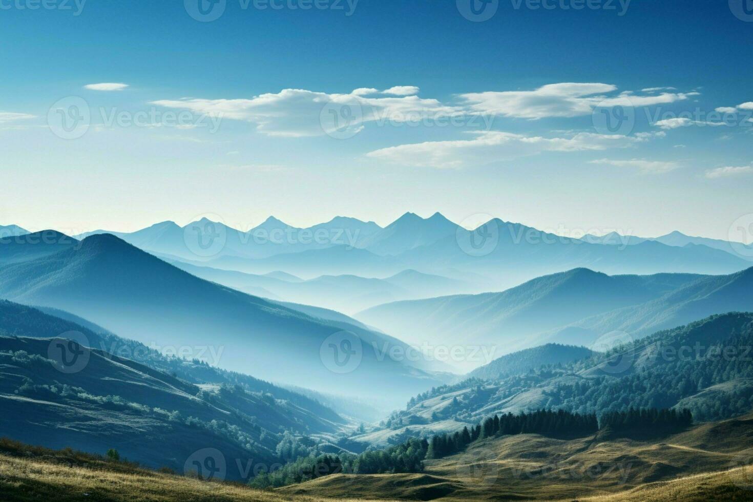 AI generated Clear blue sky frames a serene morning view of mountains photo