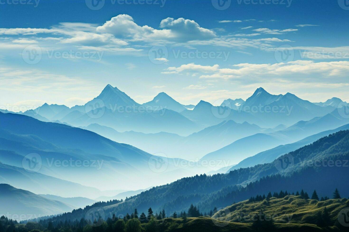 AI generated Morning serenity mountains stand against a clear, blue sky backdrop photo