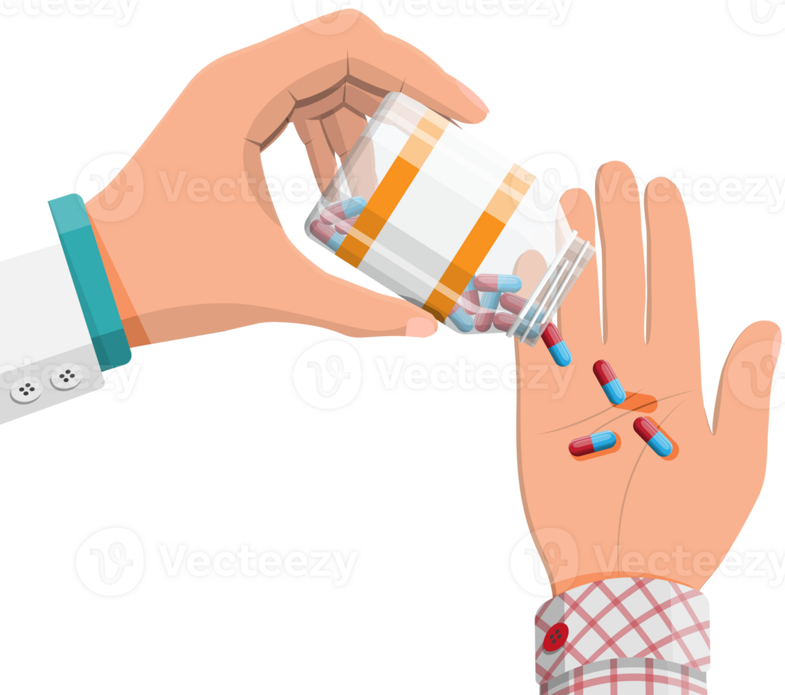 Bottle of capsules in hand of doctor. png