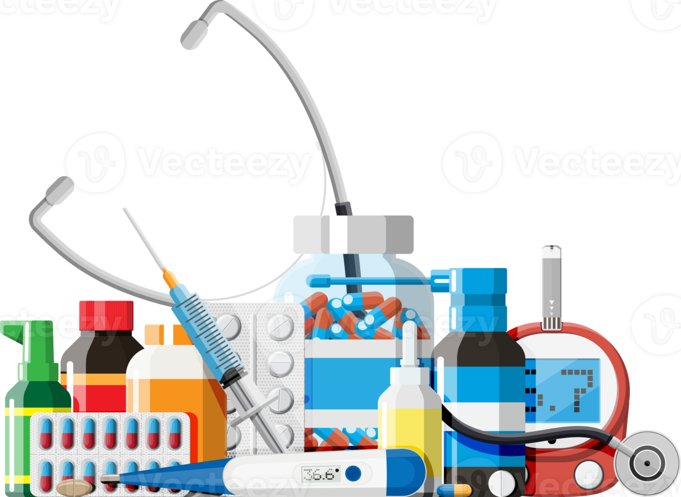 Set of bottles, tablets, pills, capsules and spray png