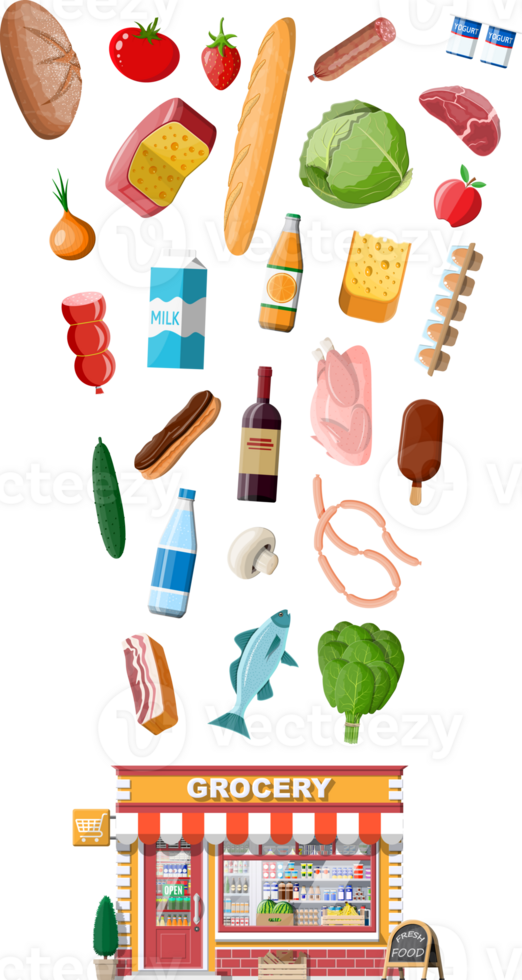 Grocery store front with window and door. png