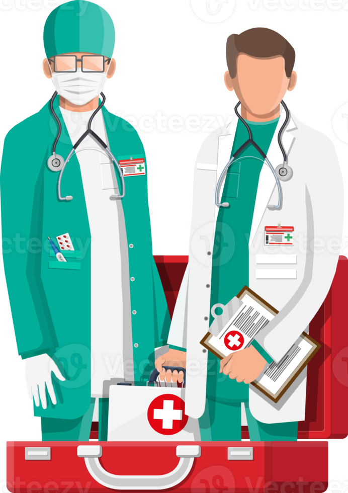 Two doctors with stethoscope in fist aid kit. png