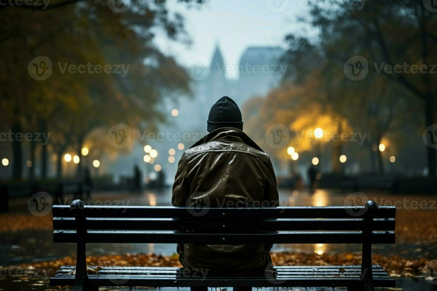 AI generated City rain contemplation person on a bench absorbs the wet ambiance photo