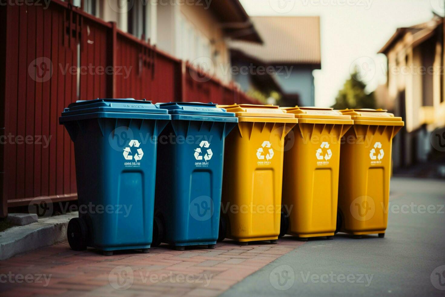 AI generated Sustainable order Colorful recycling bins organized in an environmentally conscious row photo
