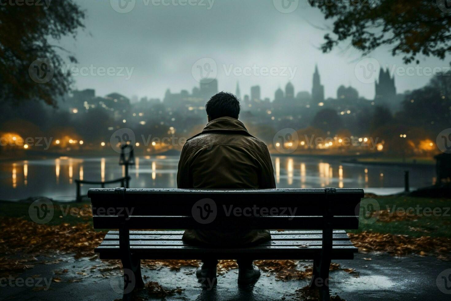 ai generado lluvioso soledad persona se sienta en banco, contemplando paisaje urbano en lluvia foto