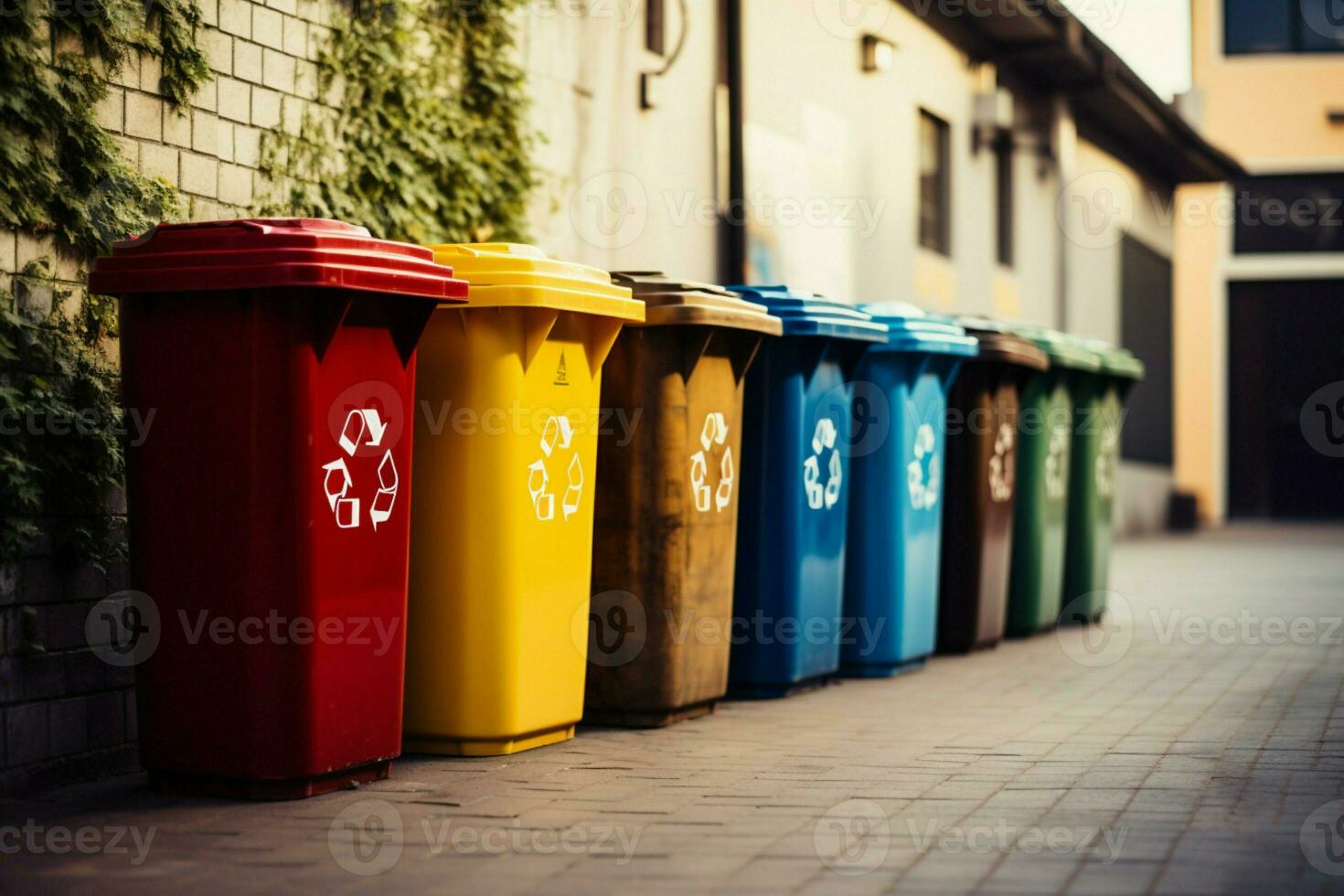 AI generated Recycling spectrum Bins in diverse hues line up against the wall photo