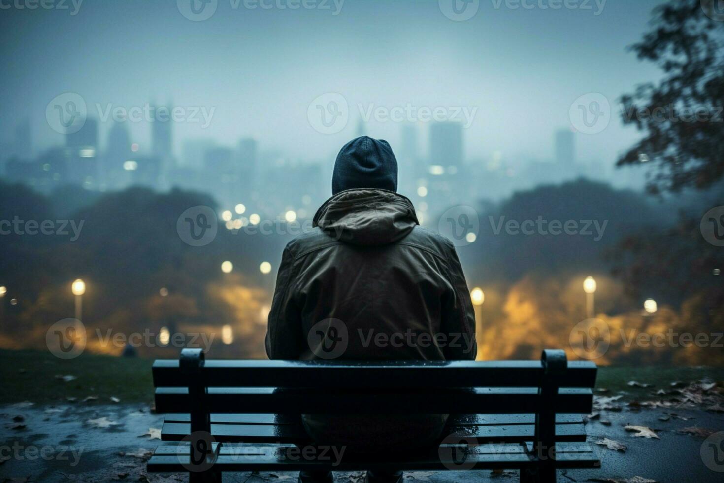 AI generated Rainy solitude person sits on bench, contemplating cityscape in rainfall photo