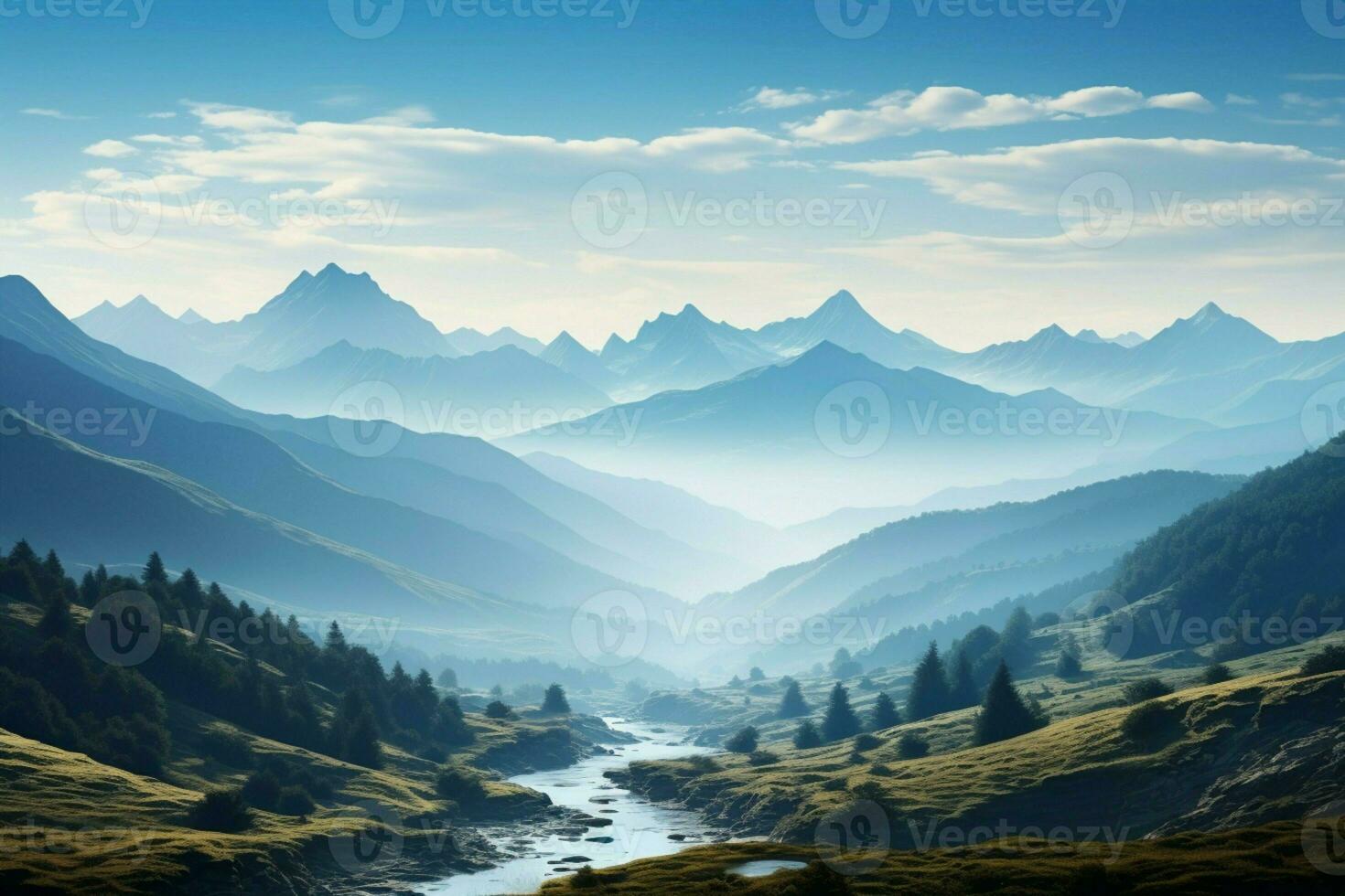 AI generated Serenade of mountains a tranquil morning against a clear sky photo