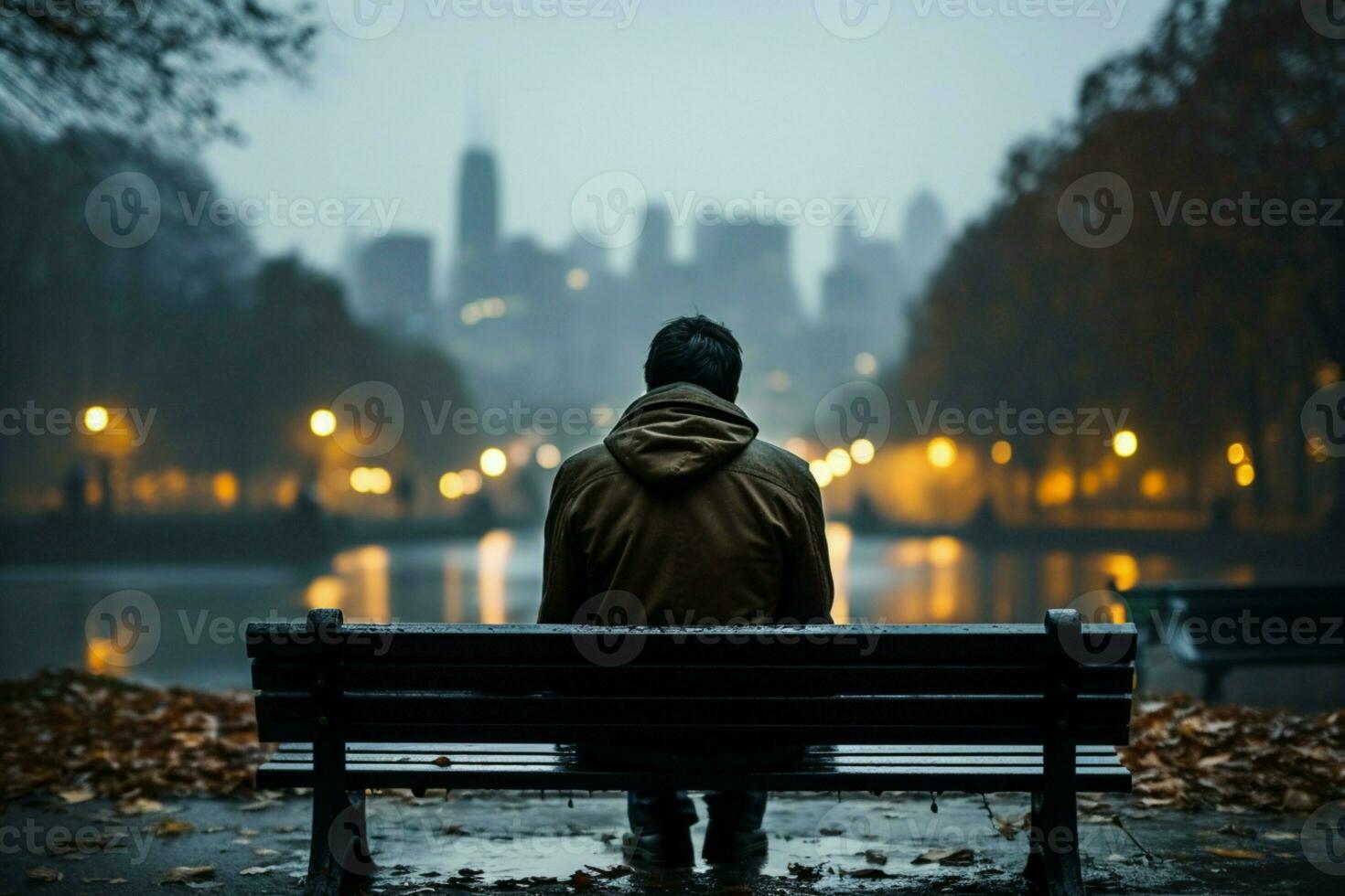 ai generado ciudad lluvia contemplación persona en un banco absorbe el mojado ambiente foto