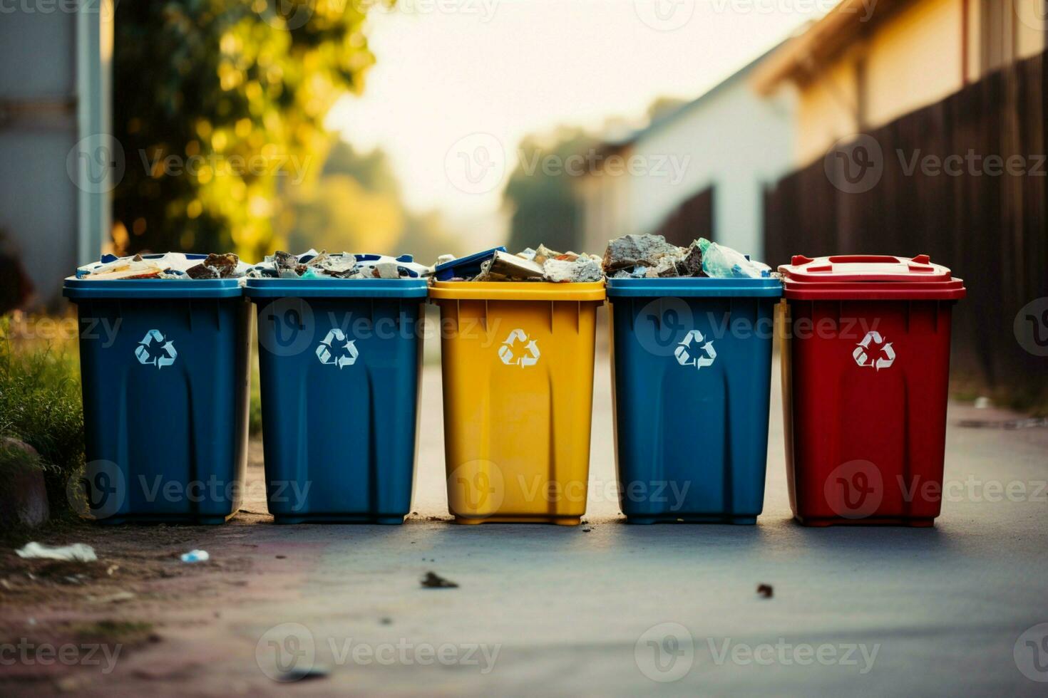 ai generado pared de sustentabilidad reciclaje contenedores en variado colores estar alineado foto