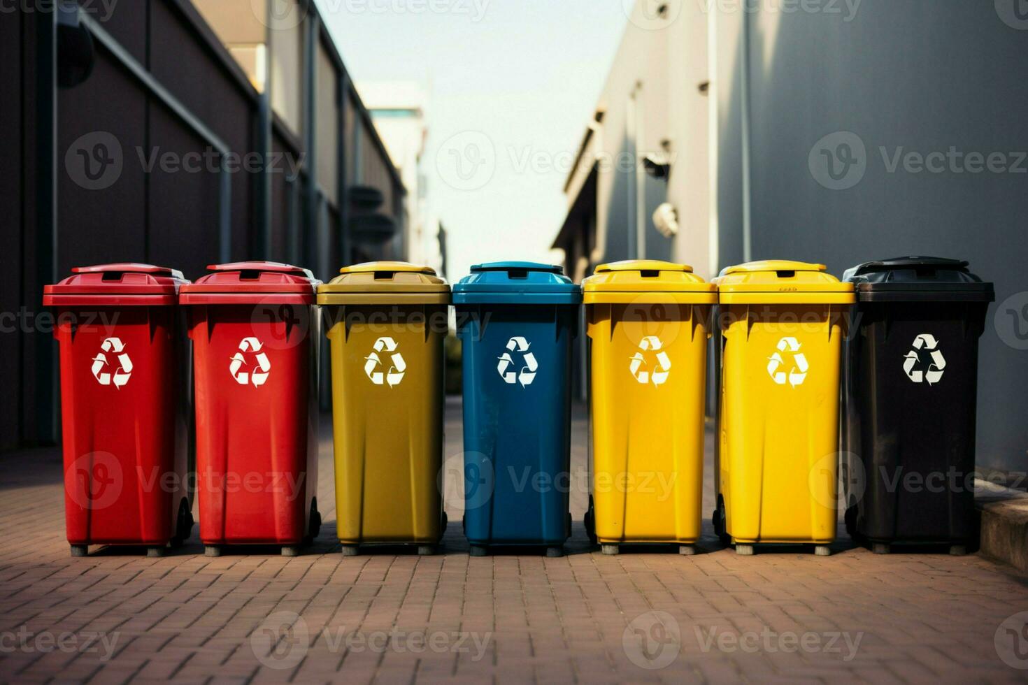 AI generated Recycling spectrum Bins in diverse hues line up against the wall photo