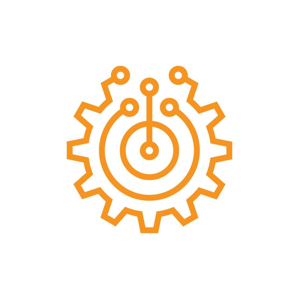 eps10 orange Technology gear concept business vector logo template design. Cogwheel mechanic outline sign. Computer network SEO line art icon isolated on white background. Search engine optimization.