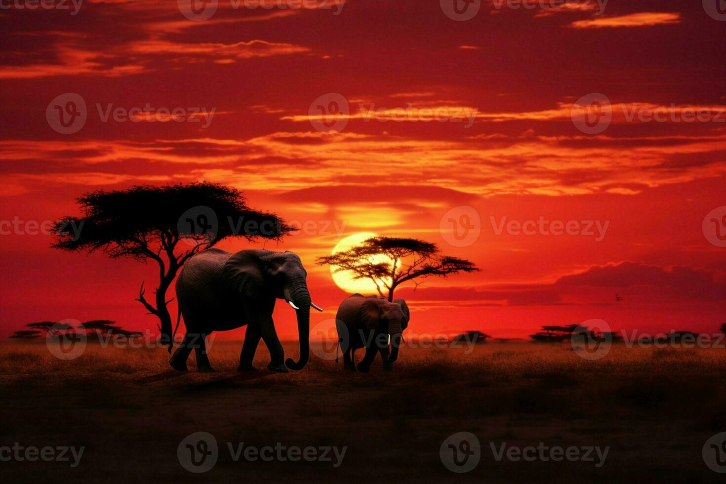 AI generated Elephant silhouettes graze in savannah, bathed in the African sunset photo