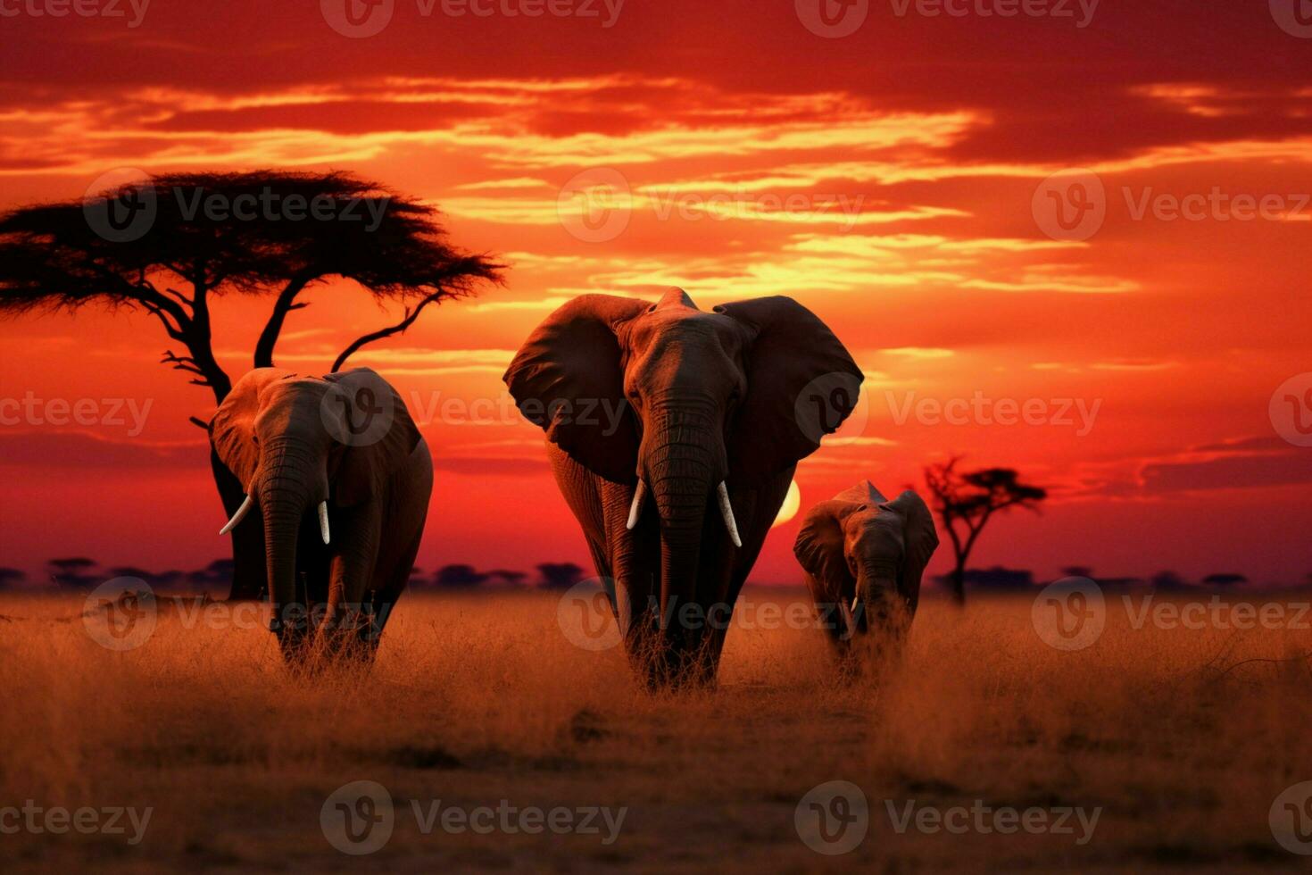 AI generated Sunset serenity Elephants leisurely feeding in the African savannah twilight photo