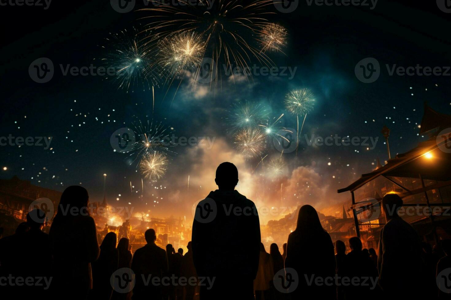 AI generated Skyward gaze Fireworks illuminate the night as people watch in awe photo