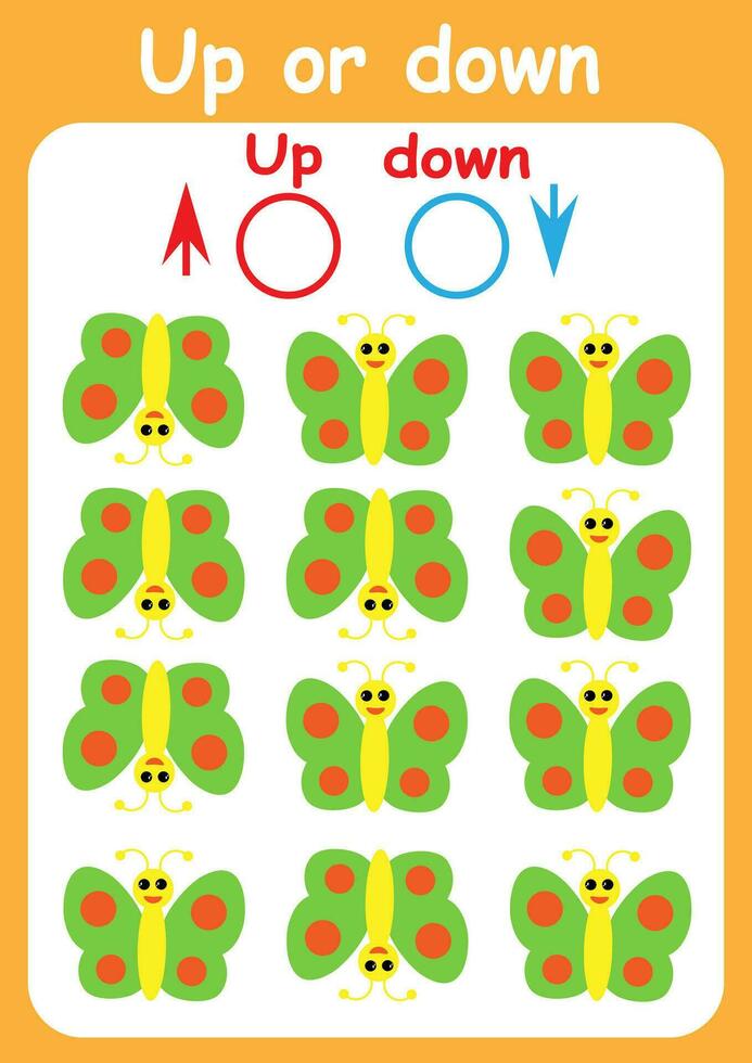 Up or down. Directions for children. Logic game. Spatial orientation. Study sheet. vector