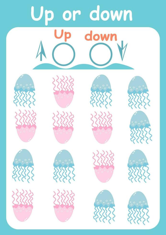 Up or down. Directions for children. Logic game. Spatial orientation. Study sheet. vector