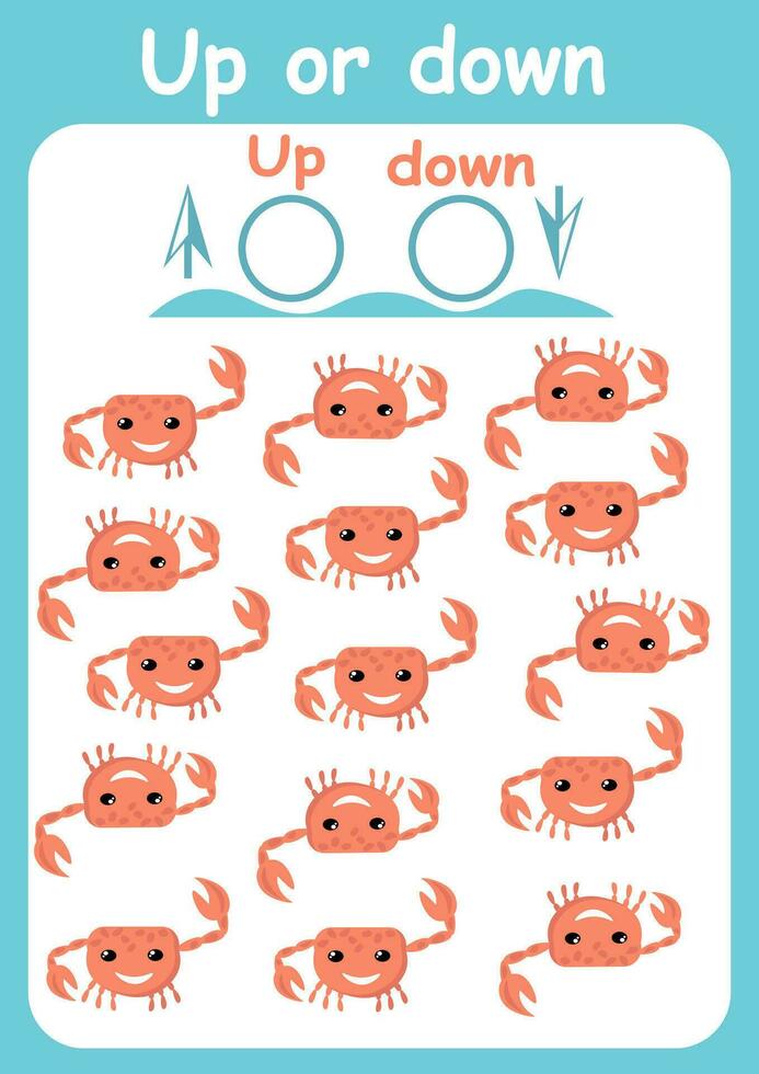 Up or down. Directions for children. Logic game. Spatial orientation. Study sheet. vector