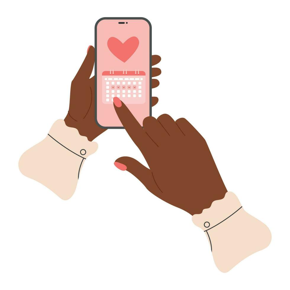 African american black female hand  holds phone with a menstrual calendar app. Period ovulation days tracker. Check menses vector