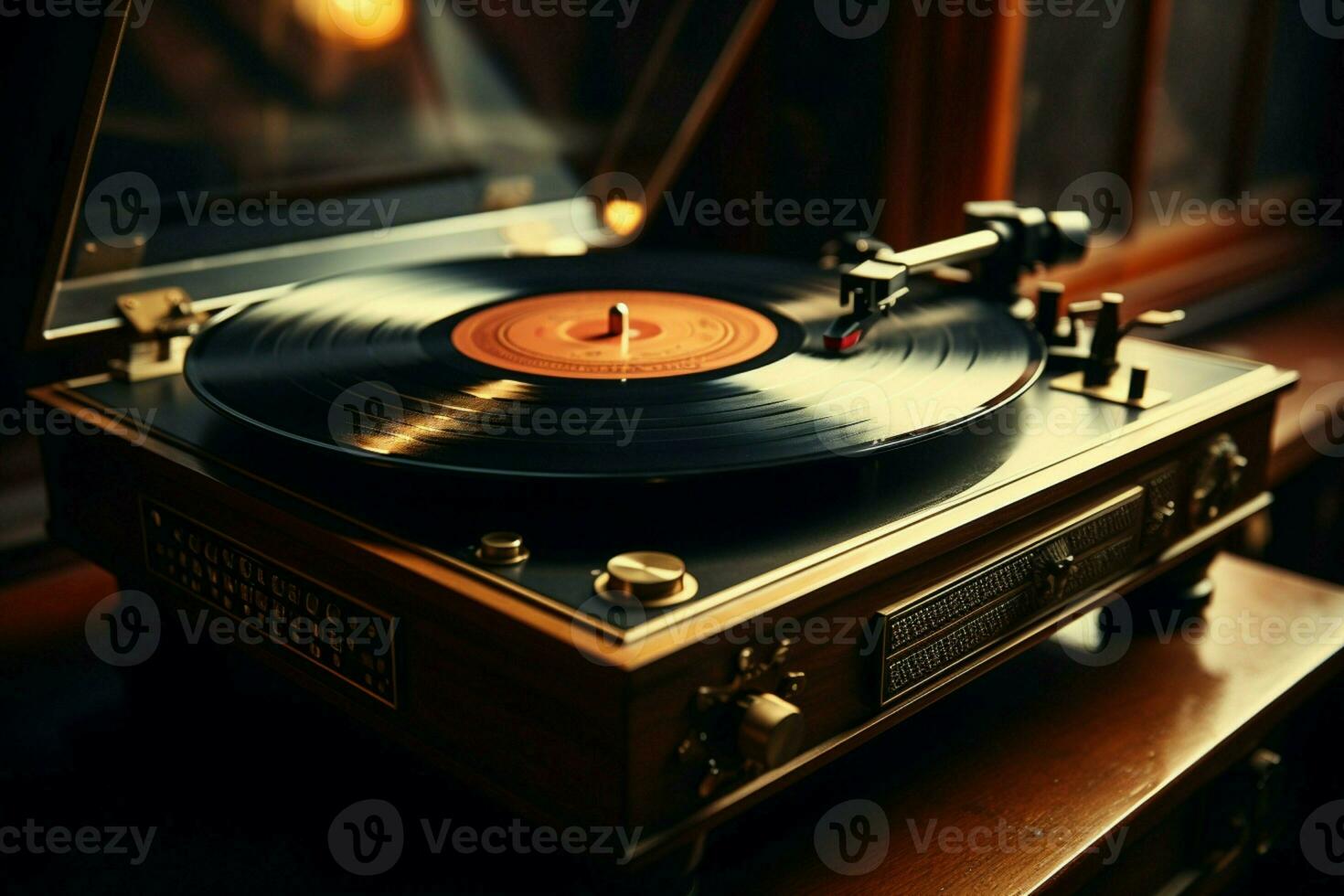 AI generated Timeless melody vintage vinyl turns on an antique record player photo