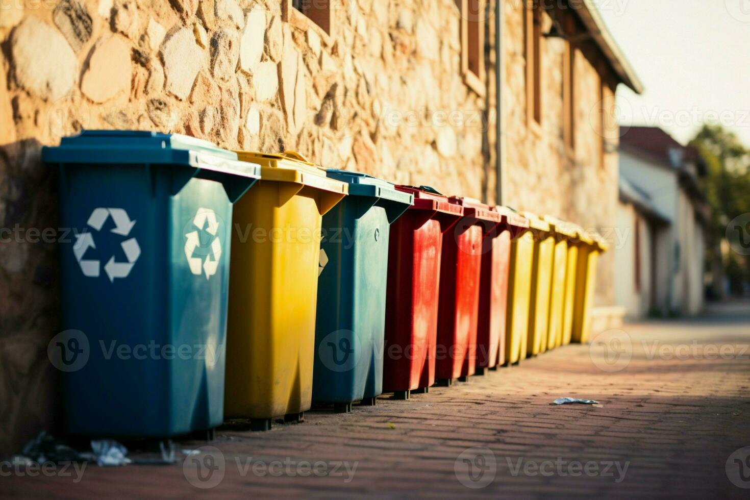 AI generated Eco friendly array Colorful recycling bins neatly lined up on a wall photo