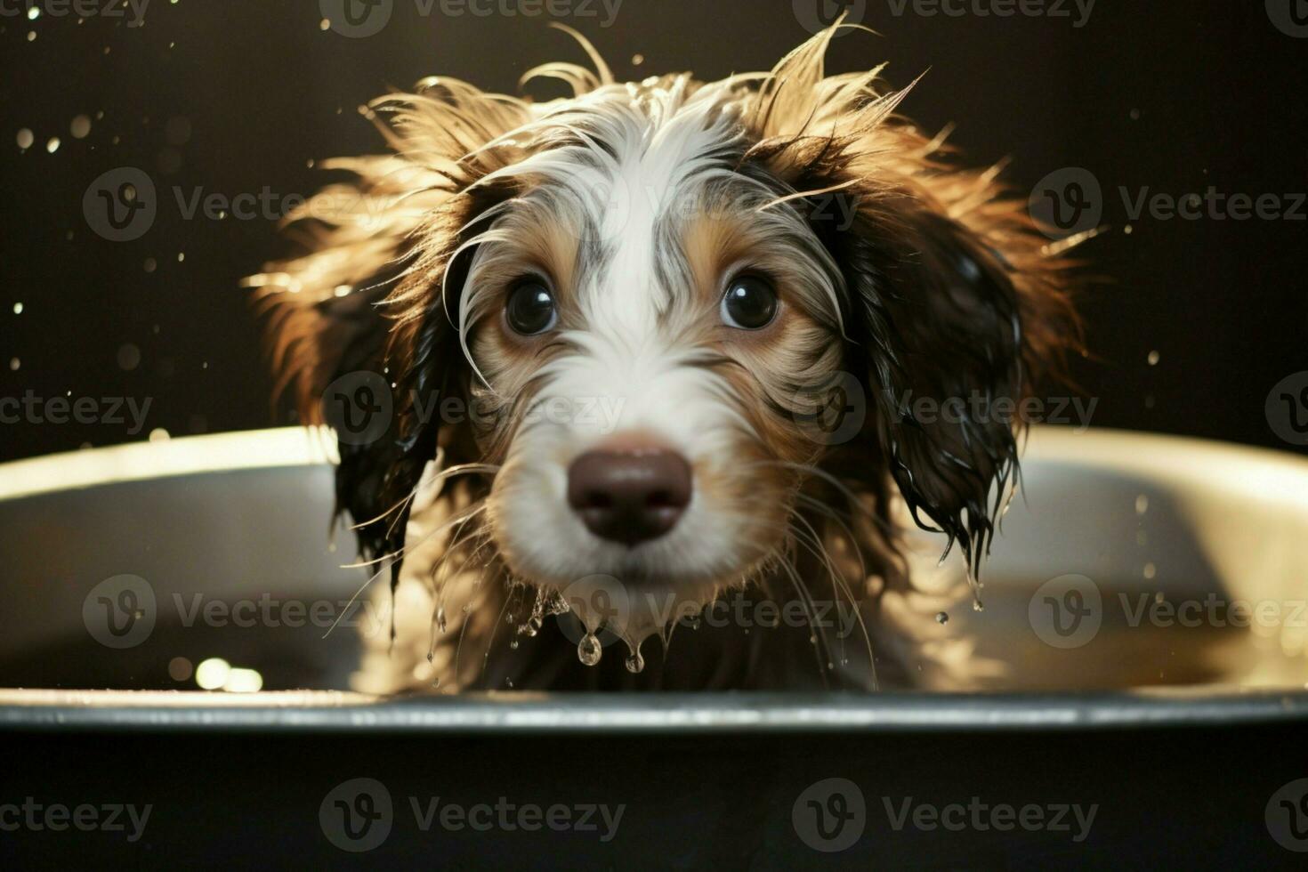 AI generated Pet pampering a cute puppy with wet hair indulges in a bath photo