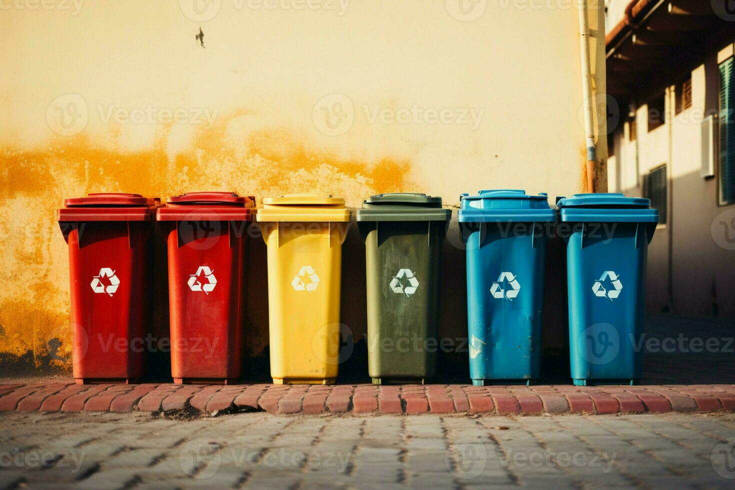 AI generated Eco friendly array Colorful recycling bins neatly lined up on a wall photo