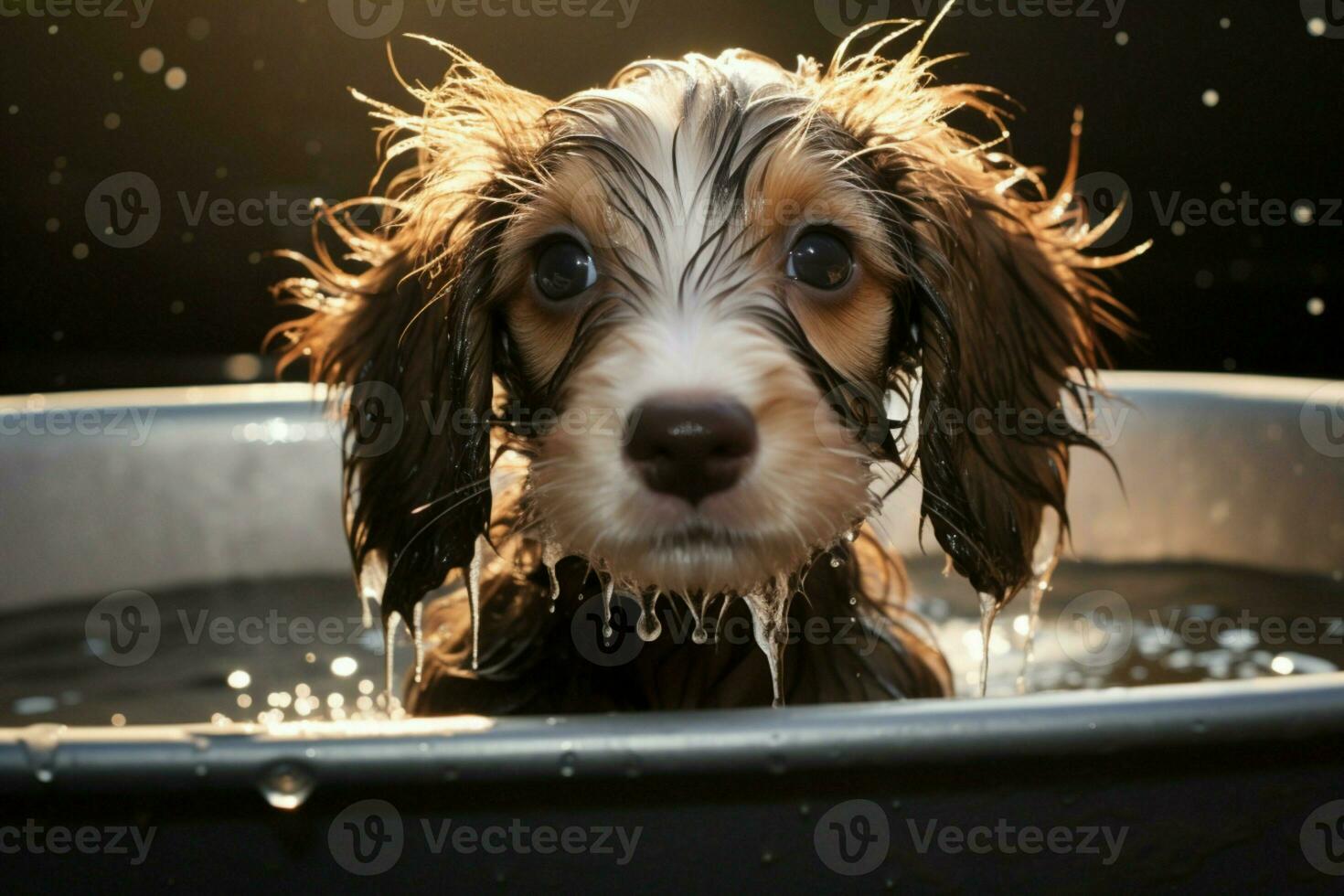 AI generated Puppy spa day adorable wet haired pet enjoys a refreshing bath photo
