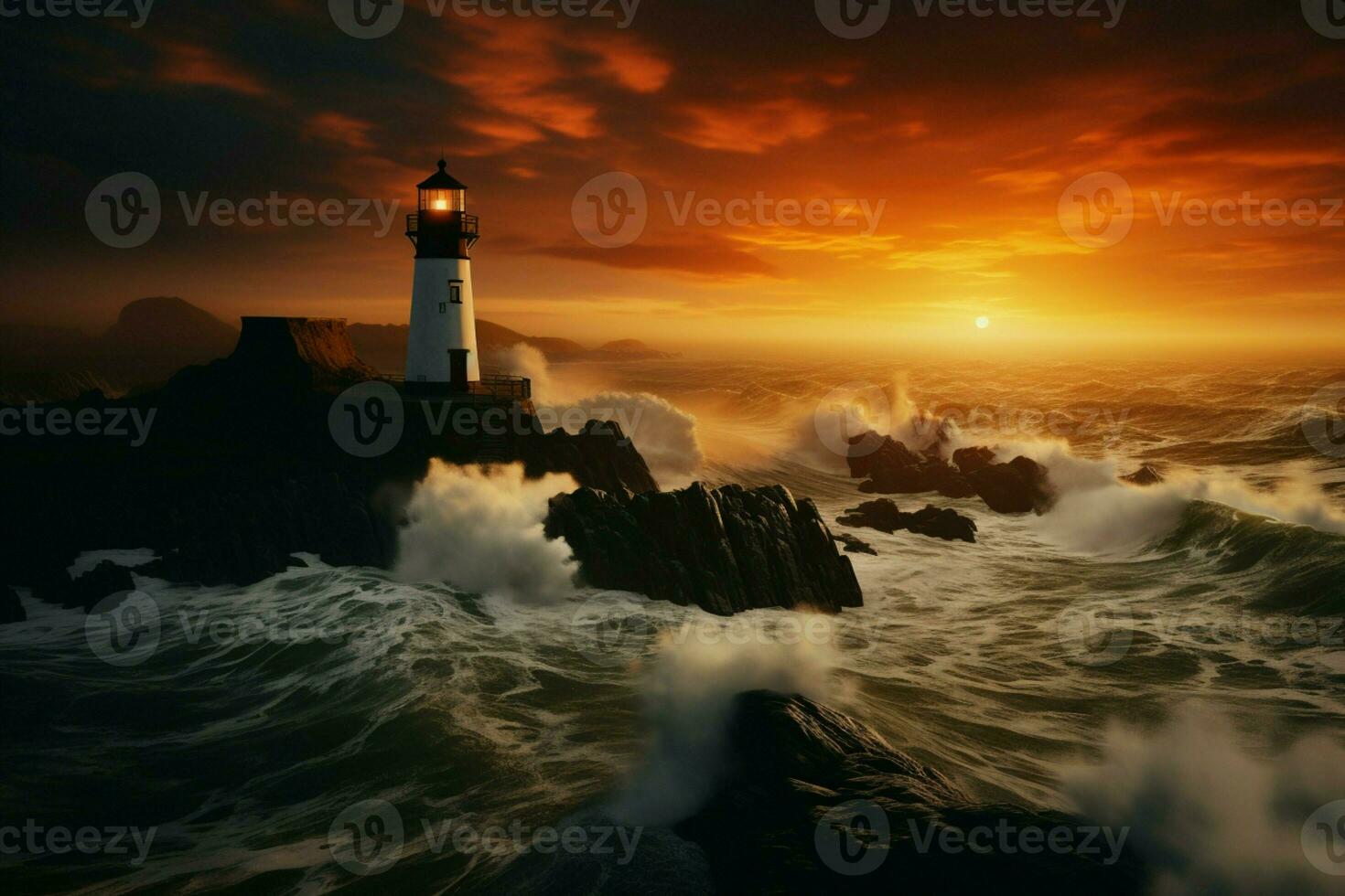 AI generated Cliffside sentinel coastal lighthouse graces rugged cliffs in the sunset photo