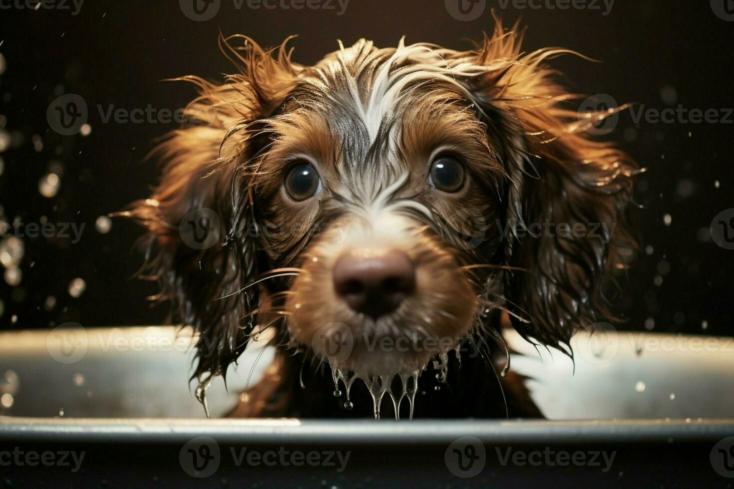 AI generated Sweet puppy bathes, wet fur and happiness in a cleansing moment photo