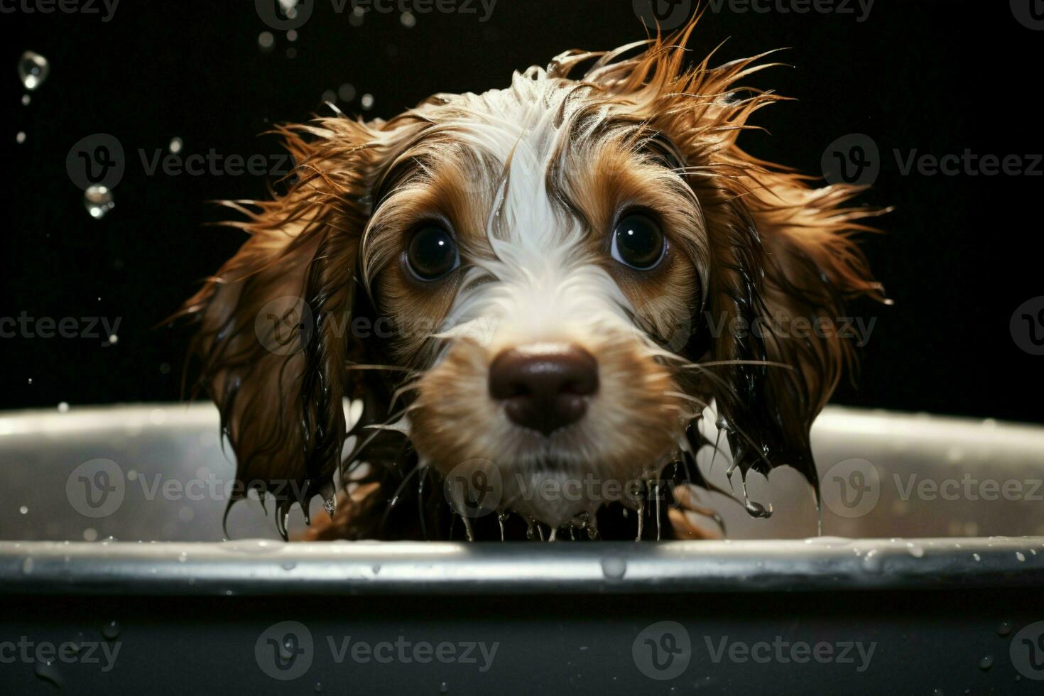 AI generated Cute puppy bath time wet fur, splashes, and absolute adorableness photo