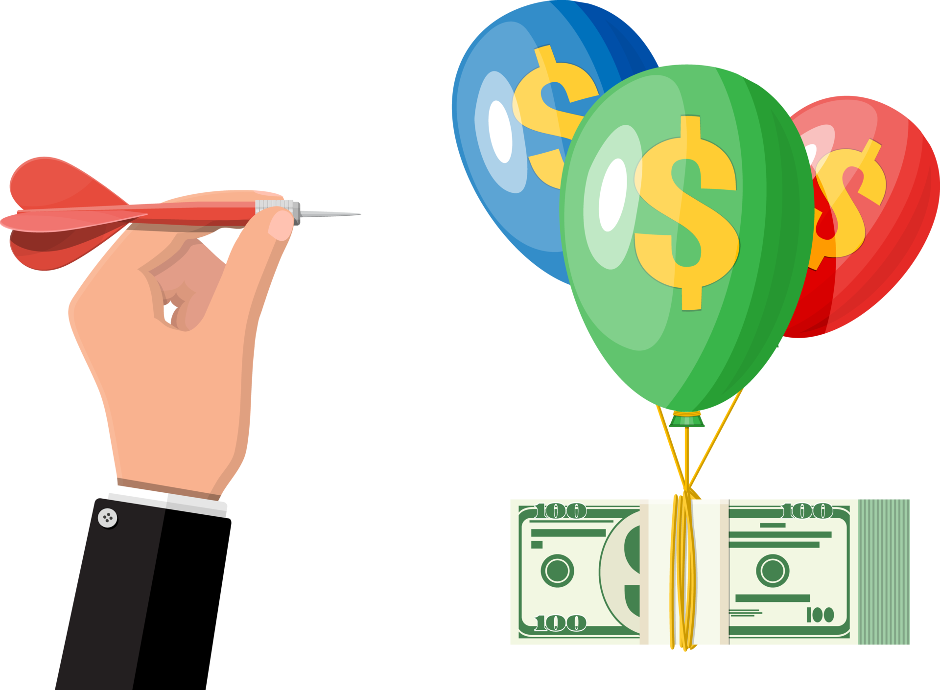 Hand throw dart in balloon with dollar sign. 35772456 PNG