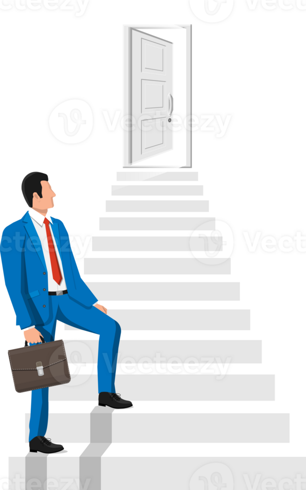 Businessmen walk up stairs to the door. png