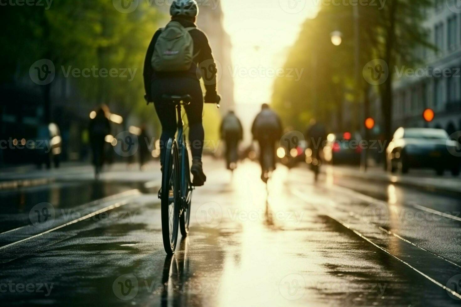 AI generated City cyclists in motion Pedaling through streets, part of cityscape photo