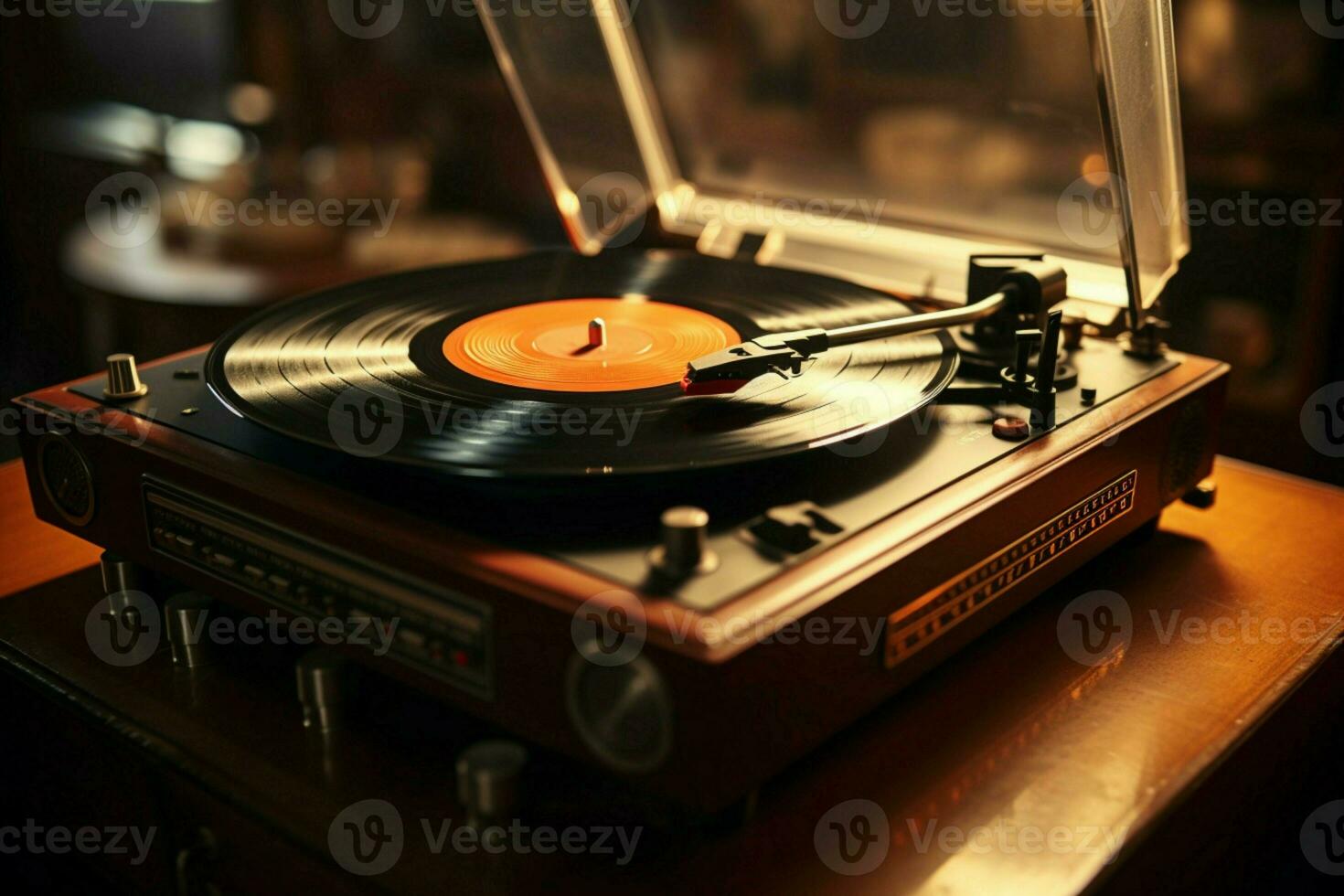 AI generated Soft lit nostalgia old record player gracefully spins vintage vinyl photo