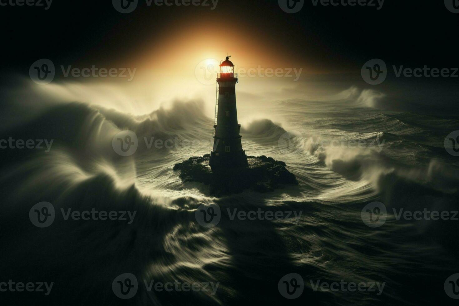 AI generated Majestic lighthouse rises proudly in a fog kissed and moody seascape photo