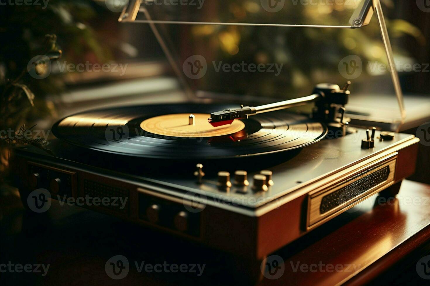 AI generated Nostalgic vibes vintage vinyl spins on an antique record player photo