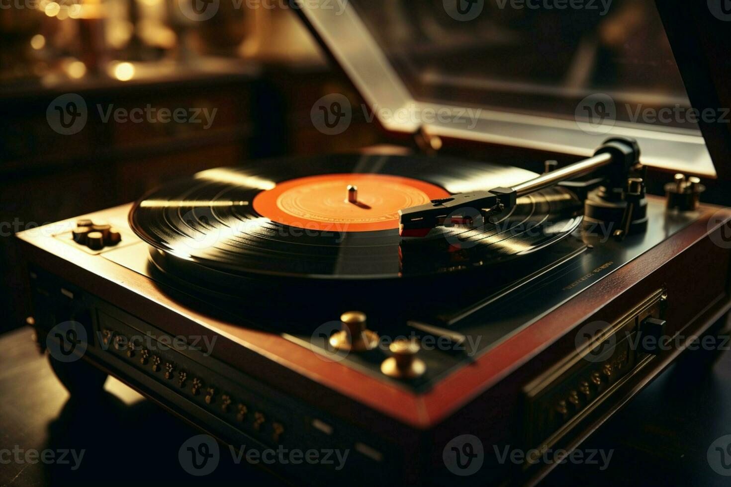 AI generated Nostalgic vibes vintage vinyl spins on an antique record player photo