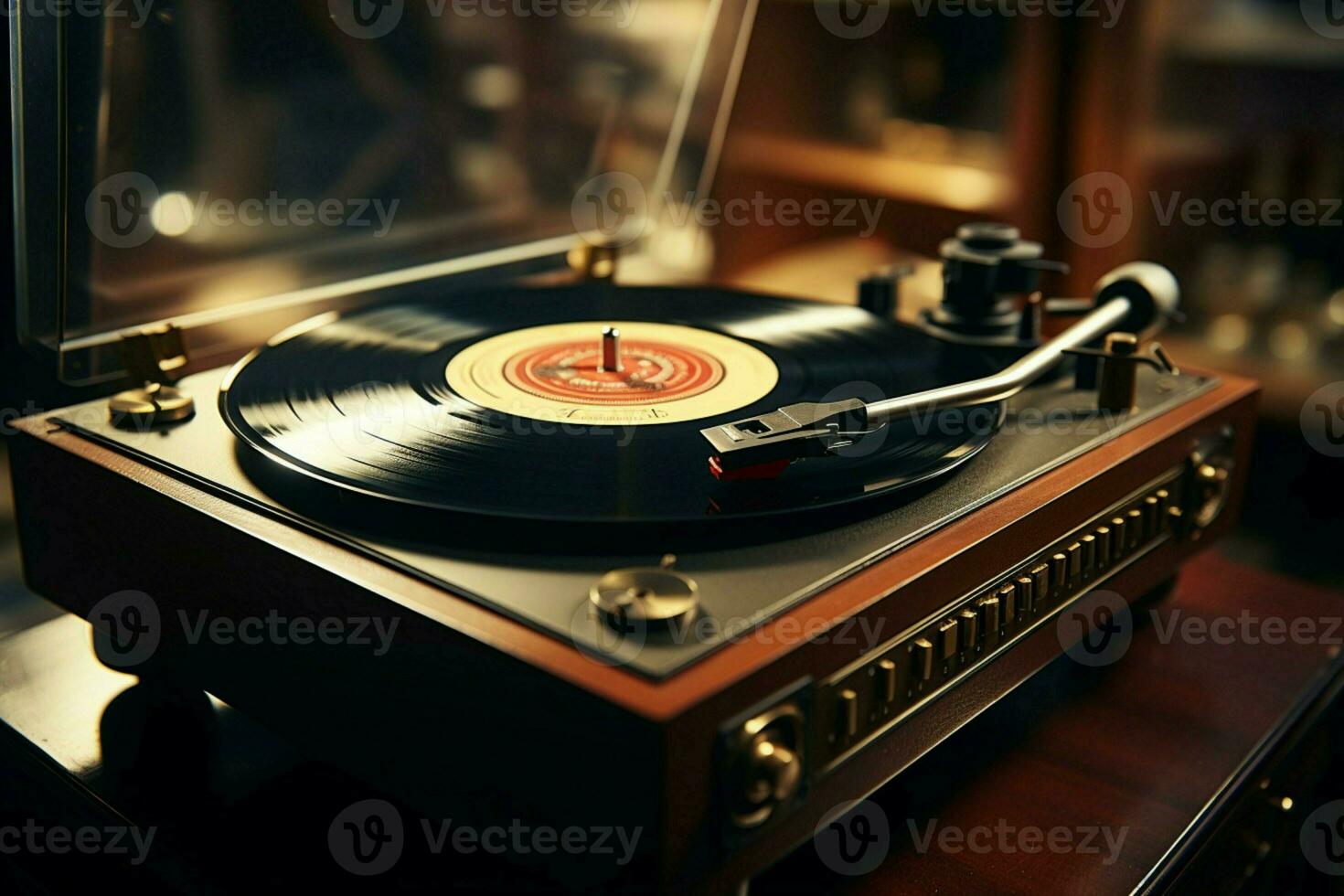 AI generated Timeless melody vintage vinyl turns on an antique record player photo