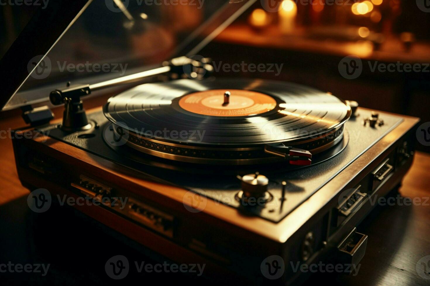 AI generated Soft lit nostalgia old record player gracefully spins vintage vinyl photo