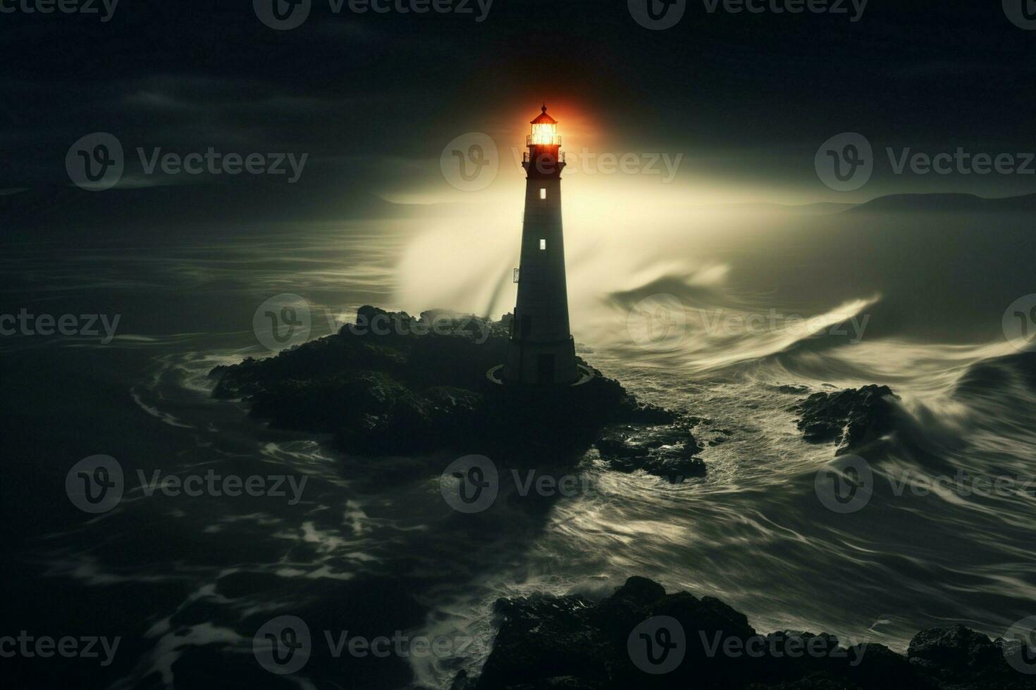 AI generated Foggy mystery surrounds a tall, proud lighthouse in the seascape photo