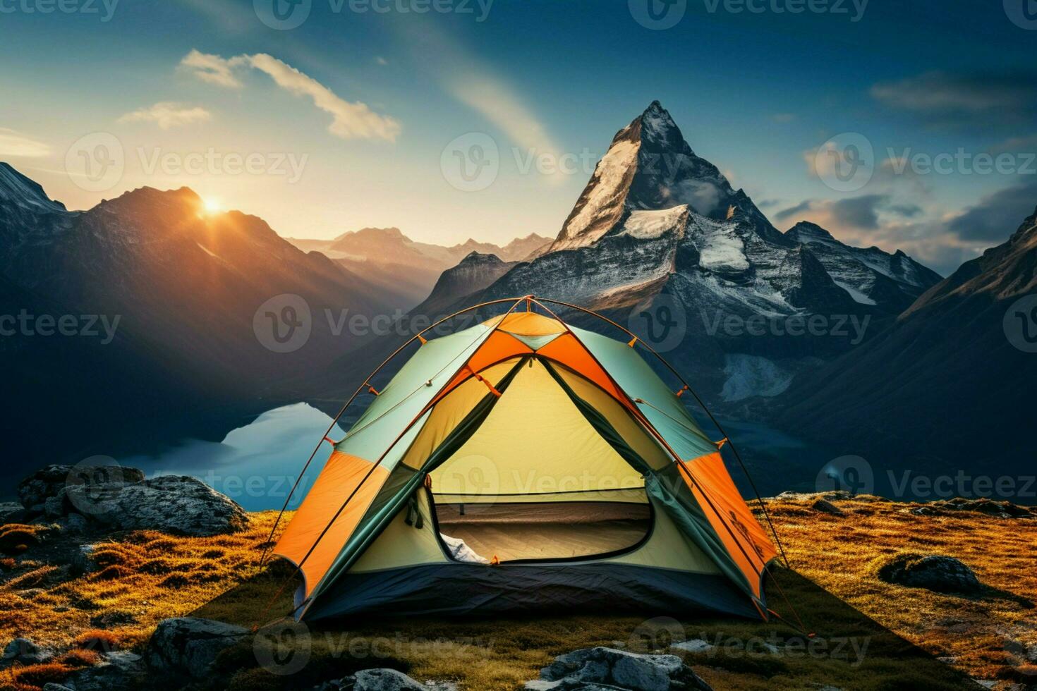 AI generated Isolated summit a lone tent perched atop the majestic mountain photo