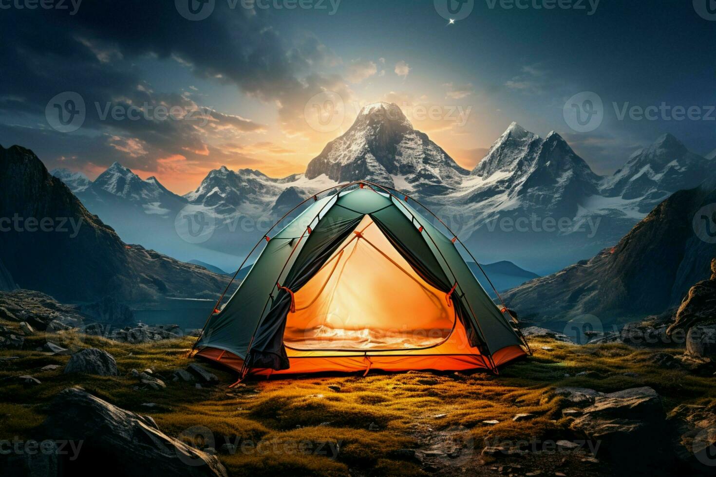 AI generated Solitary tent crowns the mountain, a haven amid lofty solitude photo