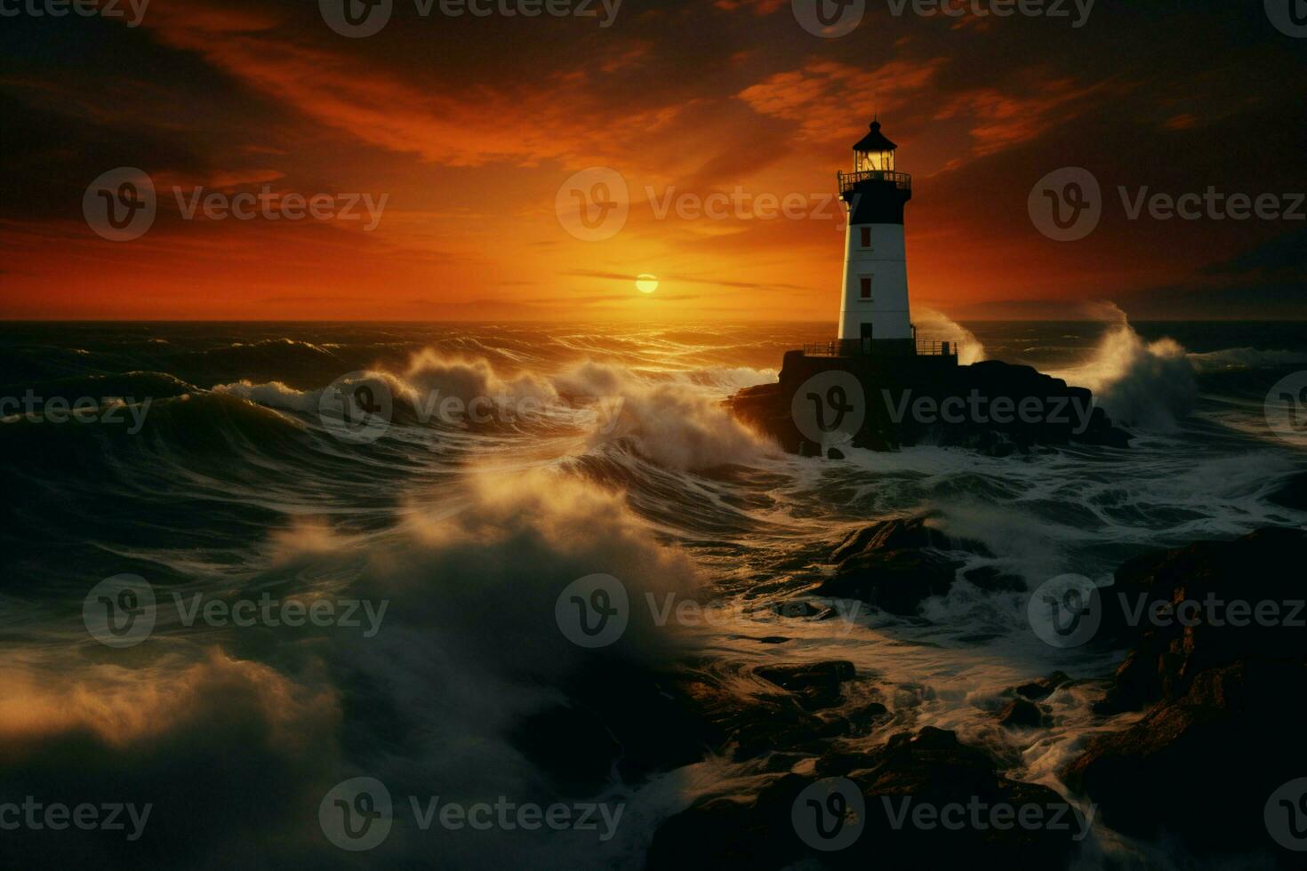 AI generated Sunset guardian coastal lighthouse on rugged cliffs stands tall photo